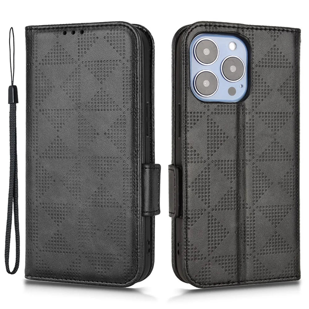 For iPhone 15 PU Leather Phone Cover Flip Stand Wallet Imprinted Triangle Protective Shell - Black - 1