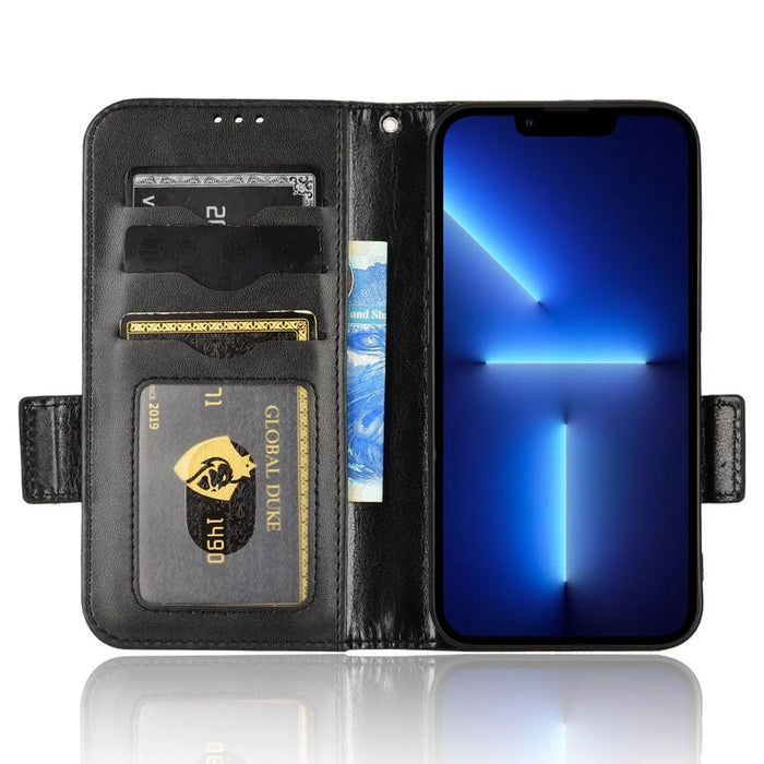For iPhone 15 PU Leather Phone Cover Flip Stand Wallet Imprinted Triangle Protective Shell - Black - 2