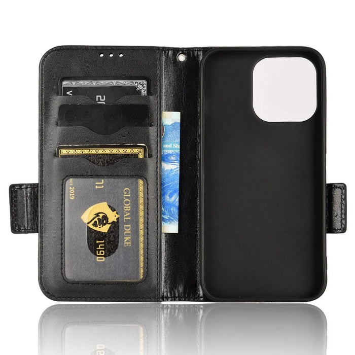 For iPhone 15 PU Leather Phone Cover Flip Stand Wallet Imprinted Triangle Protective Shell - Black - 4