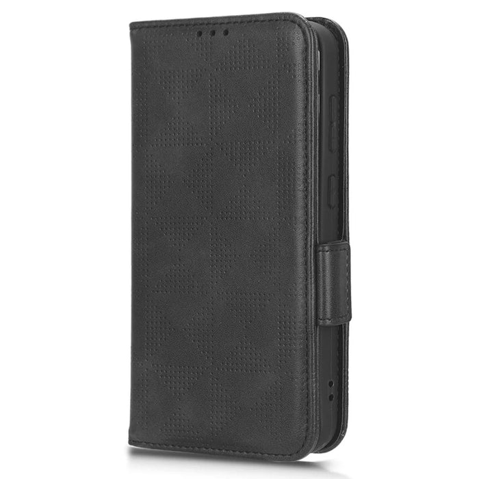 For iPhone 15 PU Leather Phone Cover Flip Stand Wallet Imprinted Triangle Protective Shell - Black - 5
