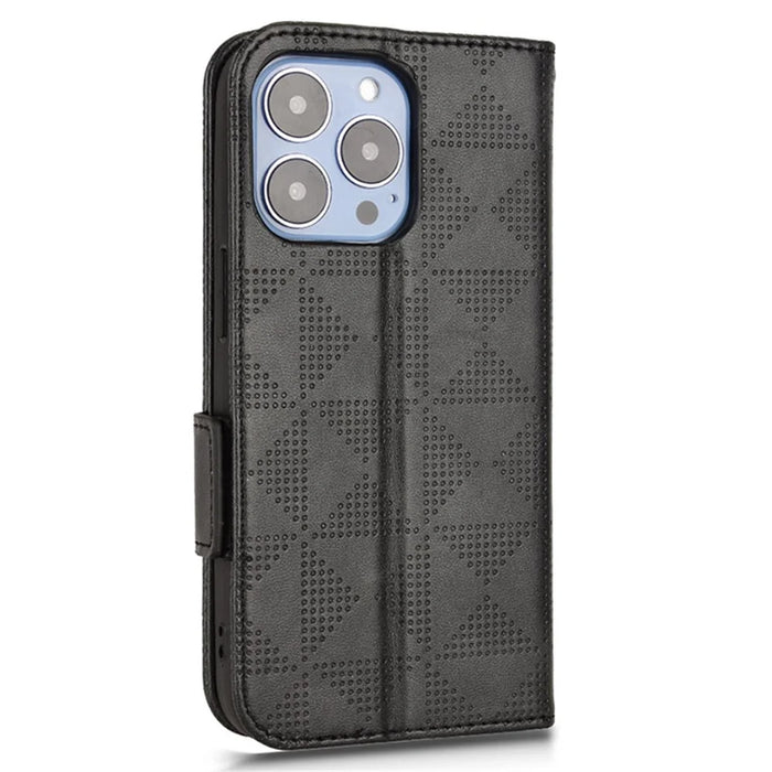 For iPhone 15 PU Leather Phone Cover Flip Stand Wallet Imprinted Triangle Protective Shell - Black - 6