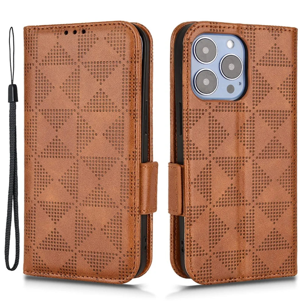 For iPhone 15 Pro Max Imprinted Triangle Phone Cover PU Leather Stand Wallet Anti-fall Case - Brown - 1