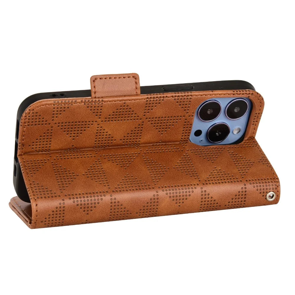 For iPhone 15 Pro Max Imprinted Triangle Phone Cover PU Leather Stand Wallet Anti-fall Case - Brown - 3