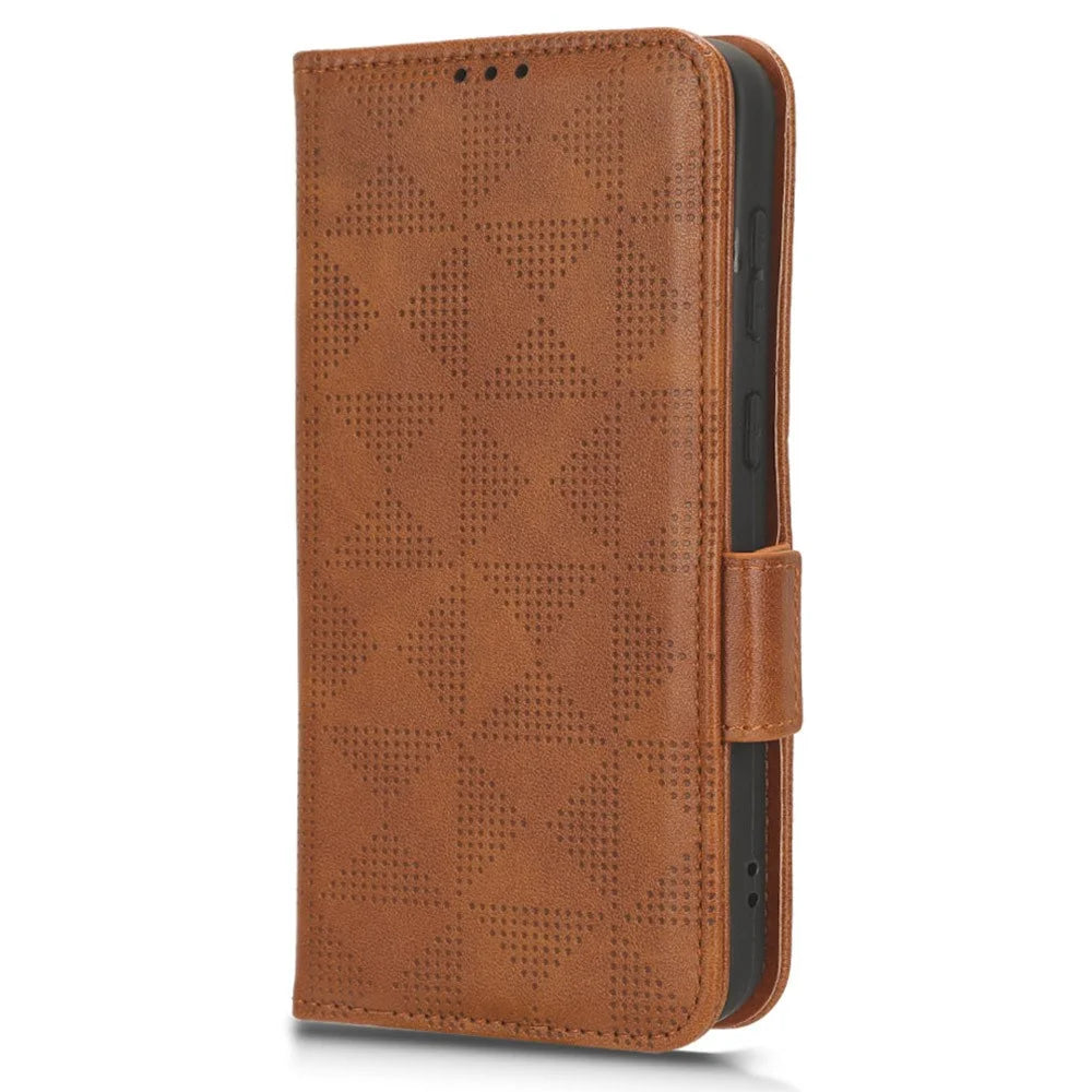 For iPhone 15 Pro Max Imprinted Triangle Phone Cover PU Leather Stand Wallet Anti-fall Case - Brown - 5