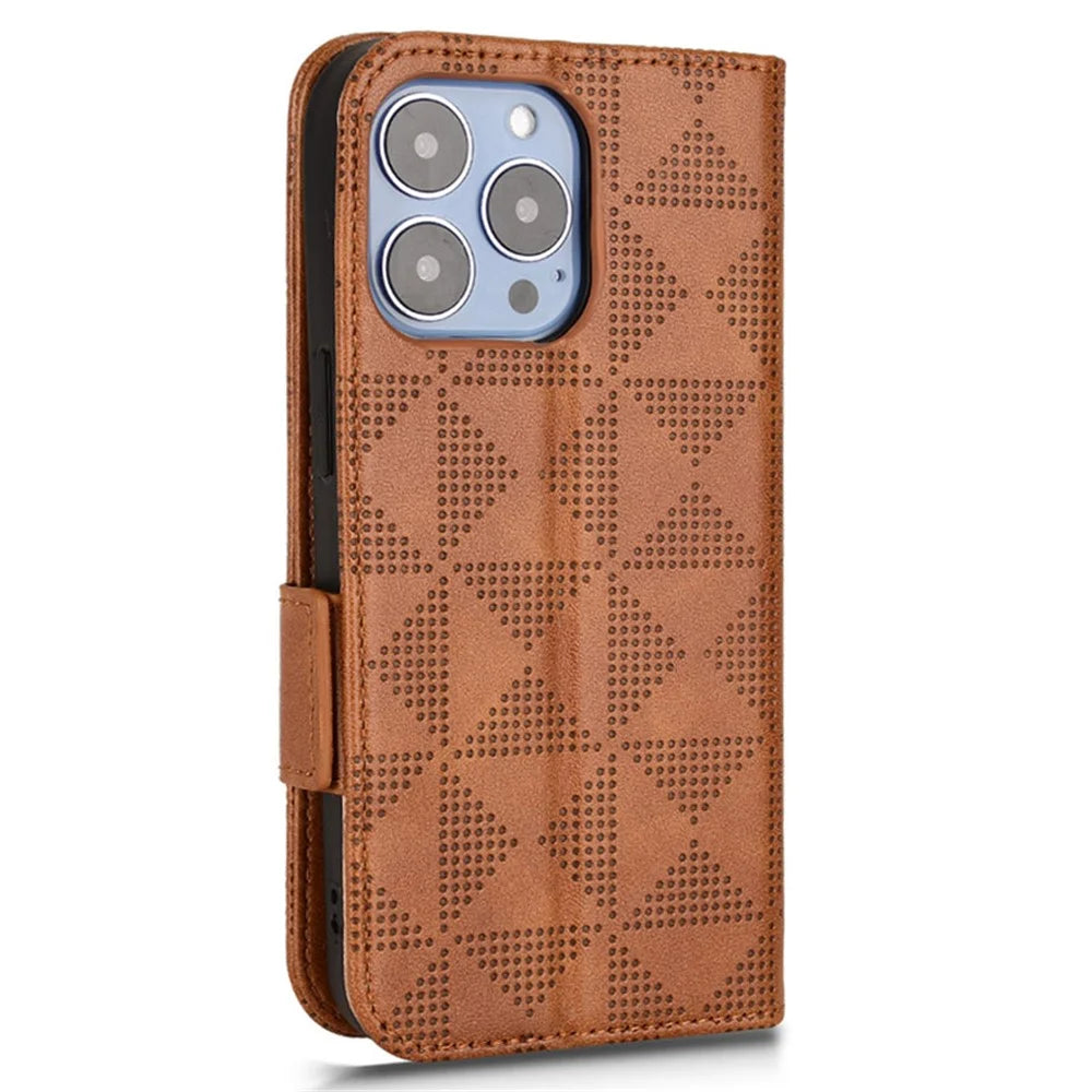 For iPhone 15 Pro Max Imprinted Triangle Phone Cover PU Leather Stand Wallet Anti-fall Case - Brown - 6