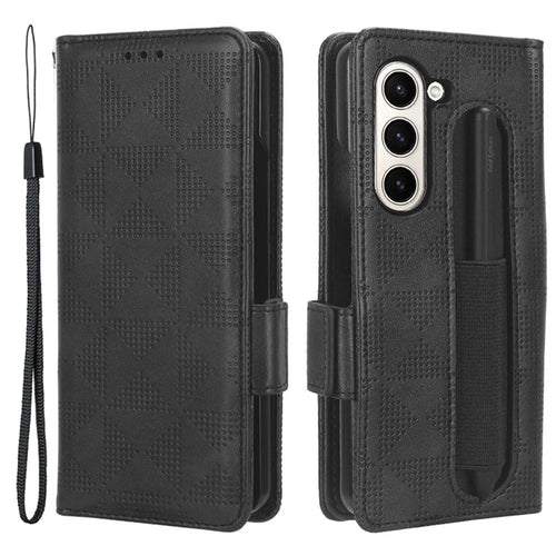 For Samsung Galaxy Z Fold5 5G Stand Phone Cover PU Leather Imprinted Triangle Wallet Case with Pen Holder - Black - 1