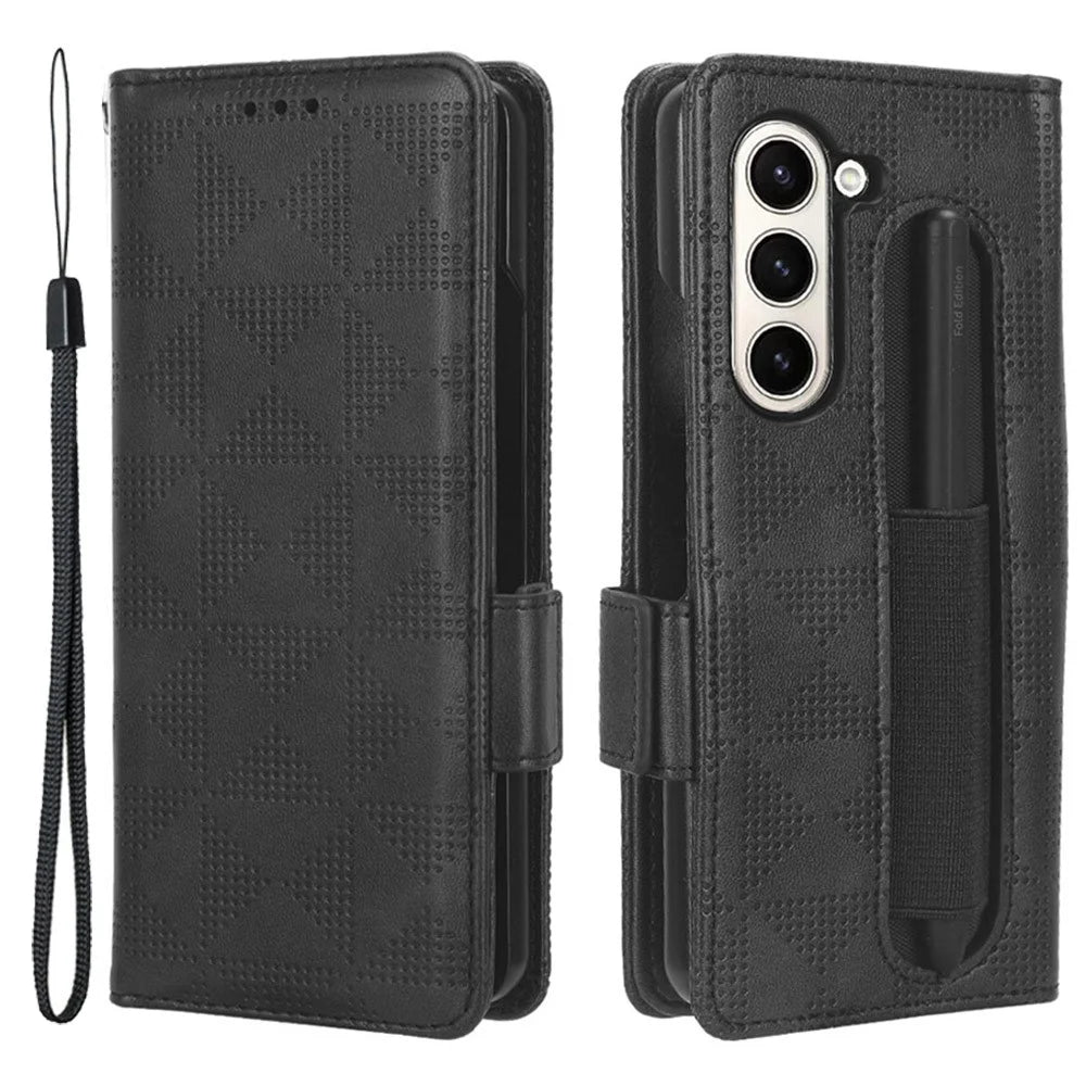 For Samsung Galaxy Z Fold5 5G Stand Phone Cover PU Leather Imprinted Triangle Wallet Case with Pen Holder - Black - 1