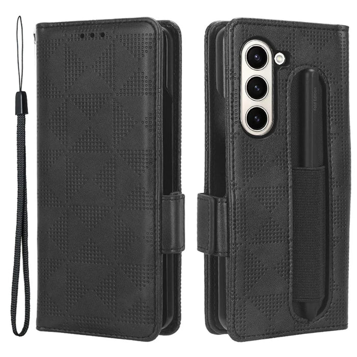 For Samsung Galaxy Z Fold5 5G Stand Phone Cover PU Leather Imprinted Triangle Wallet Case with Pen Holder - Black - 1