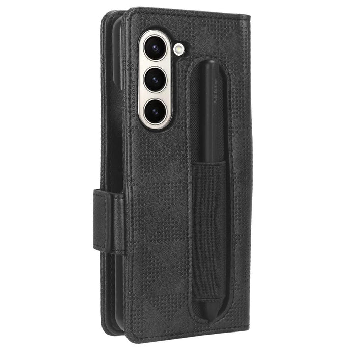 For Samsung Galaxy Z Fold5 5G Stand Phone Cover PU Leather Imprinted Triangle Wallet Case with Pen Holder - Black - 5
