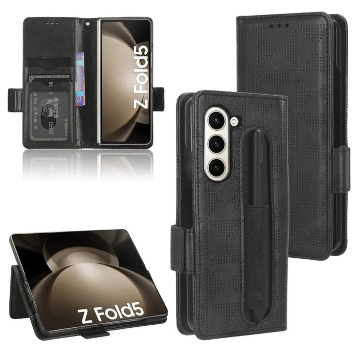 For Samsung Galaxy Z Fold5 5G Stand Phone Cover PU Leather Imprinted Triangle Wallet Case with Pen Holder - Black - 6