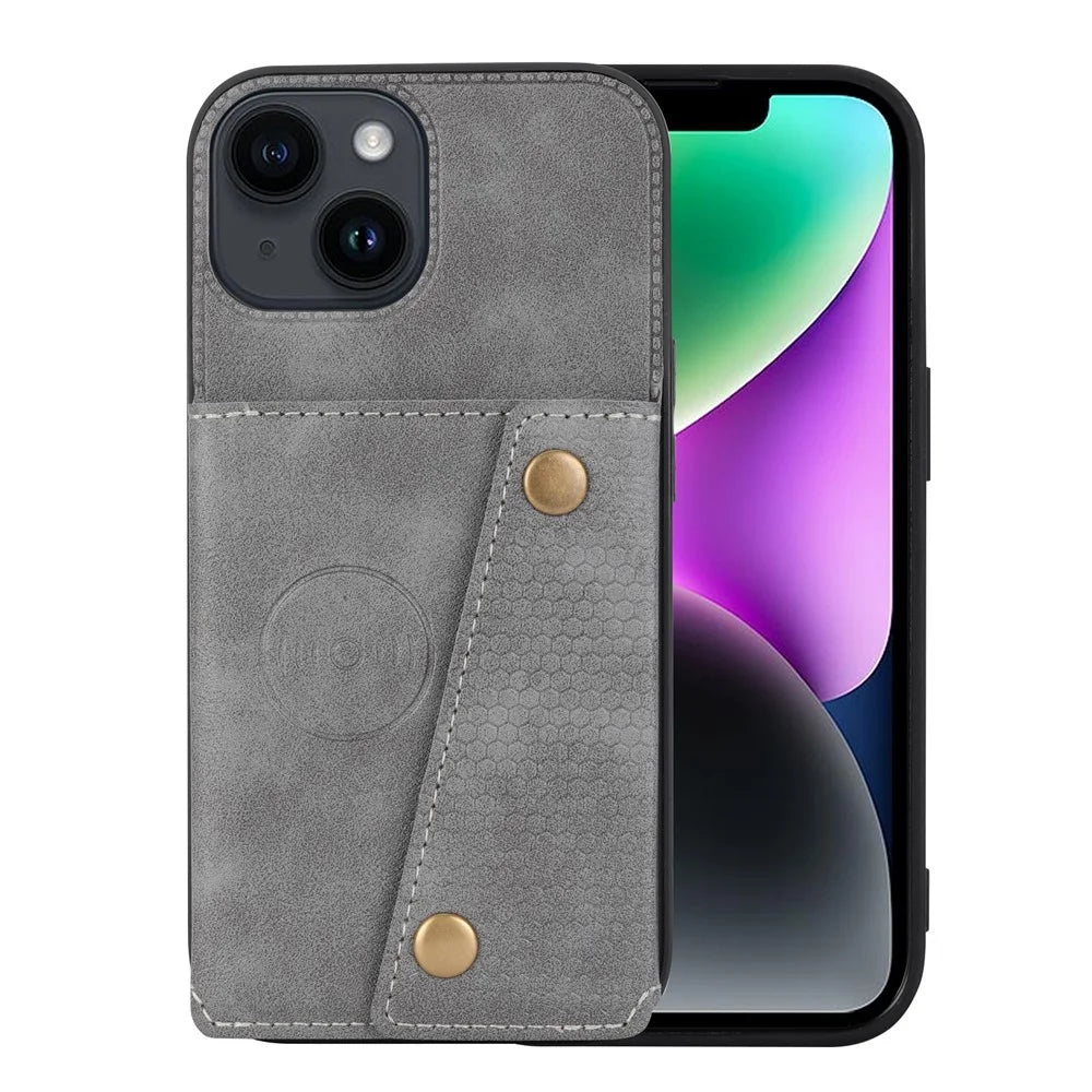 For iPhone 15 Kickstand Shell PU Leather Coated TPU Phone Cover with Card Slots - Grey - 1