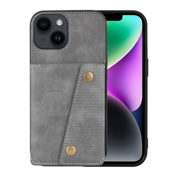 For iPhone 15 Kickstand Shell PU Leather Coated TPU Phone Cover with Card Slots - Grey - 1