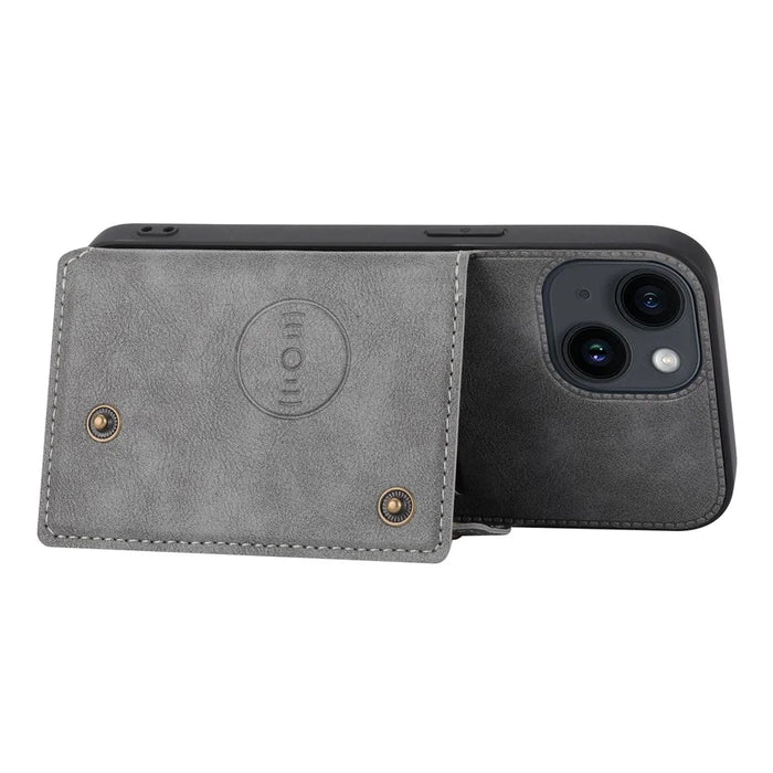 For iPhone 15 Kickstand Shell PU Leather Coated TPU Phone Cover with Card Slots - Grey - 3