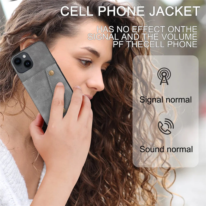 For iPhone 15 Kickstand Shell PU Leather Coated TPU Phone Cover with Card Slots - Grey - 4