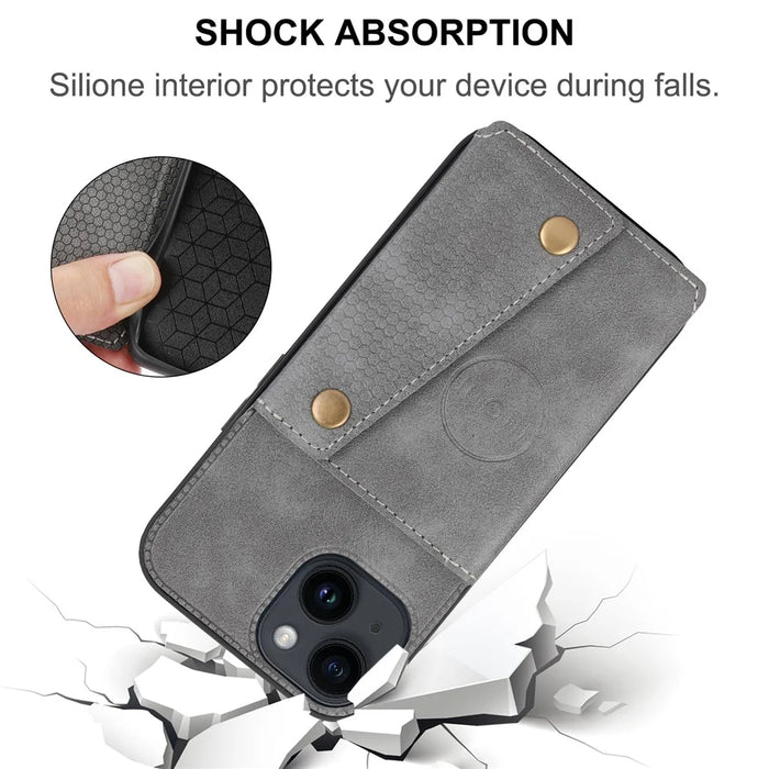 For iPhone 15 Kickstand Shell PU Leather Coated TPU Phone Cover with Card Slots - Grey - 5