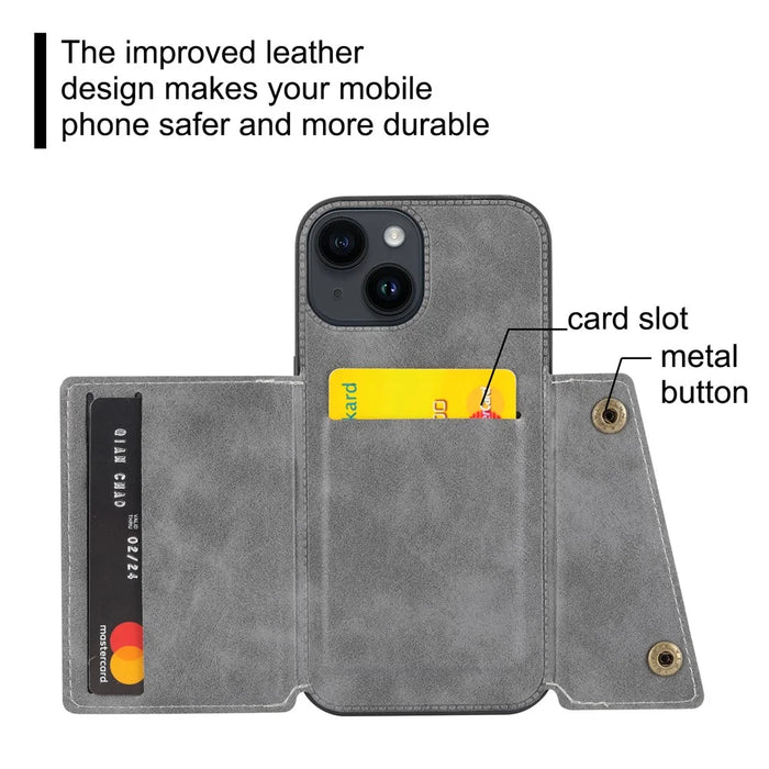 For iPhone 15 Kickstand Shell PU Leather Coated TPU Phone Cover with Card Slots - Grey - 6