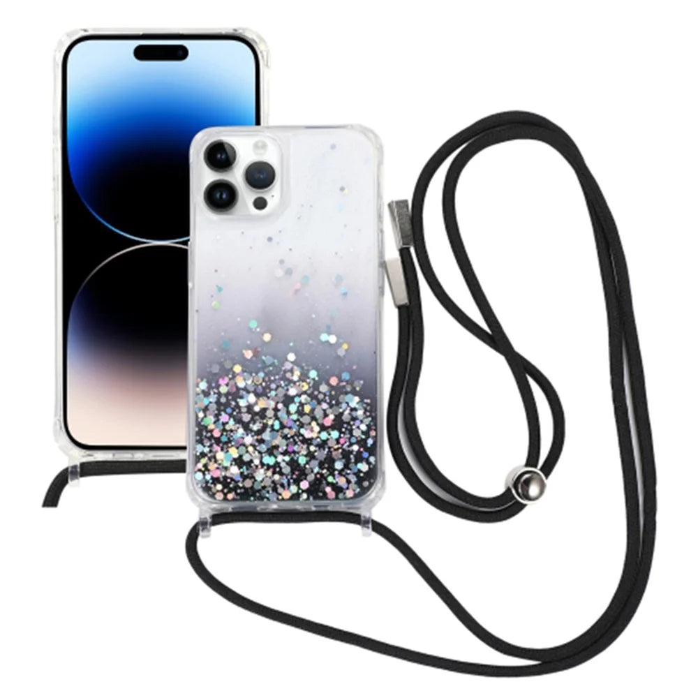 Gradient Epoxy Protective TPU Case for iPhone 15 Glitter Anti-Drop Phone Cover with Slim Lanyard - Black - 1