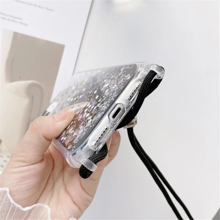 Gradient Epoxy Protective TPU Case for iPhone 15 Glitter Anti-Drop Phone Cover with Slim Lanyard - Black - 3