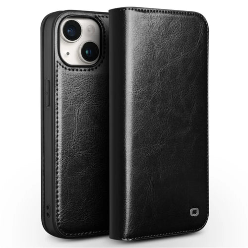 QIALINO For iPhone 15 Genuine Leather Flip Wallet Cover Stand Drop-proof Cowhide Texture Phone Case - Black - 1