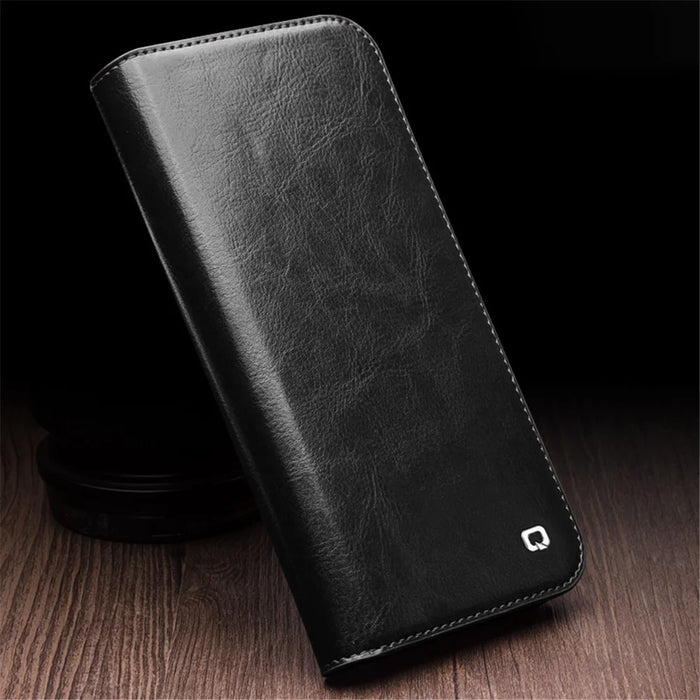 QIALINO For iPhone 15 Genuine Leather Flip Wallet Cover Stand Drop-proof Cowhide Texture Phone Case - Black - 4
