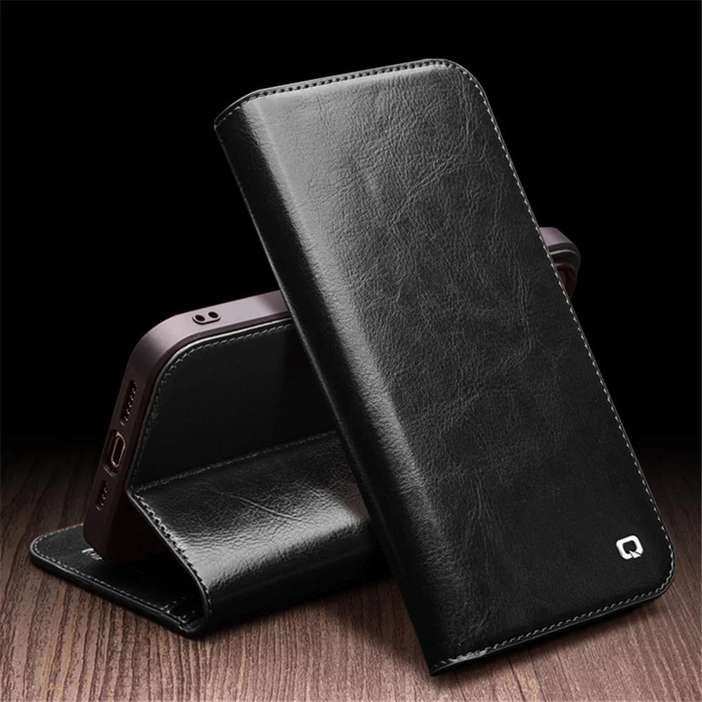 QIALINO For iPhone 15 Genuine Leather Flip Wallet Cover Stand Drop-proof Cowhide Texture Phone Case - Black - 5
