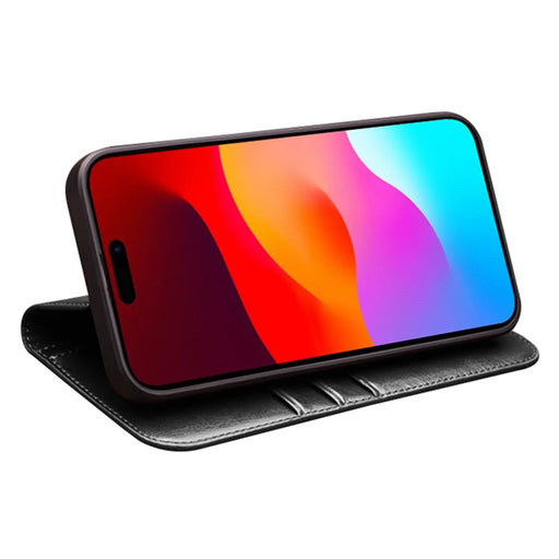 QIALINO For iPhone 15 Pro Shockproof Genuine Leather Flip Case Full Protection Wallet Cover Stand - Black - 2