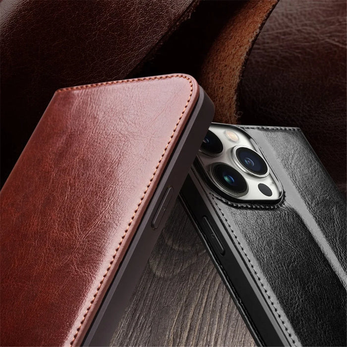 QIALINO For iPhone 15 Pro Shockproof Genuine Leather Flip Case Full Protection Wallet Cover Stand - Black - 6