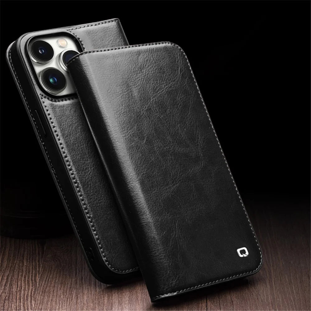 QIALINO For iPhone 15 Pro Shockproof Genuine Leather Flip Case Full Protection Wallet Cover Stand - Black - 7