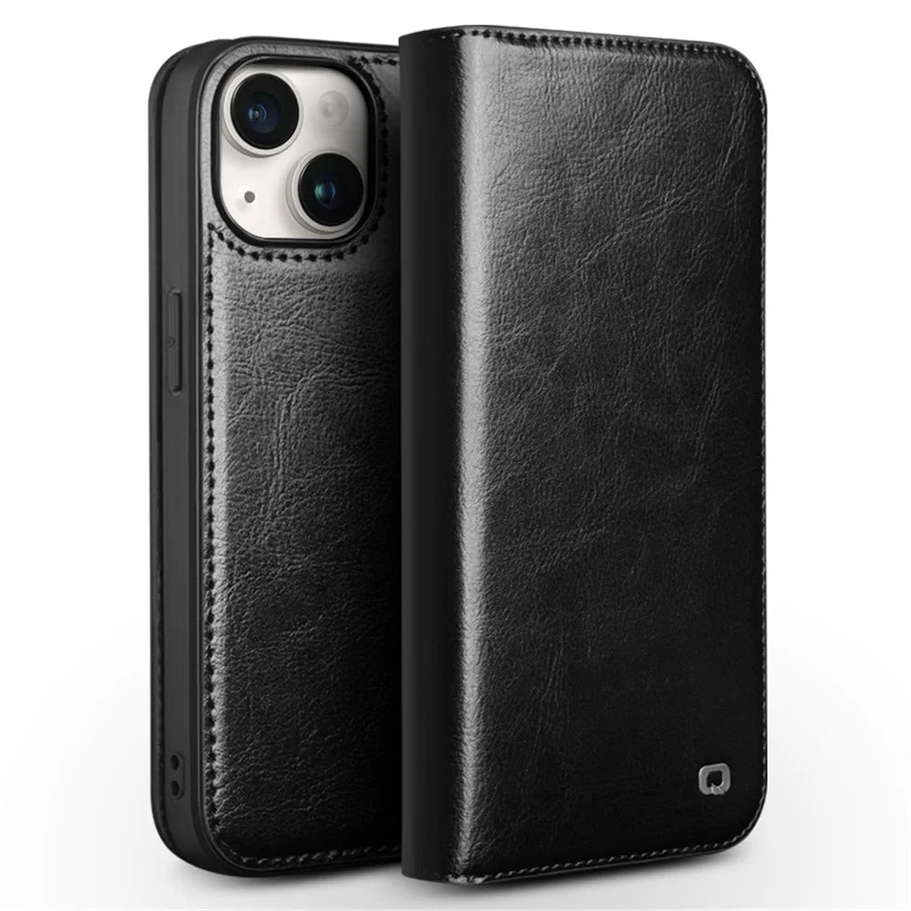 QIALINO For iPhone 15 Plus Anti-Drop Genuine Leather Phone Case Stand Full Wrapped Wallet Flip Cover - Black - 1