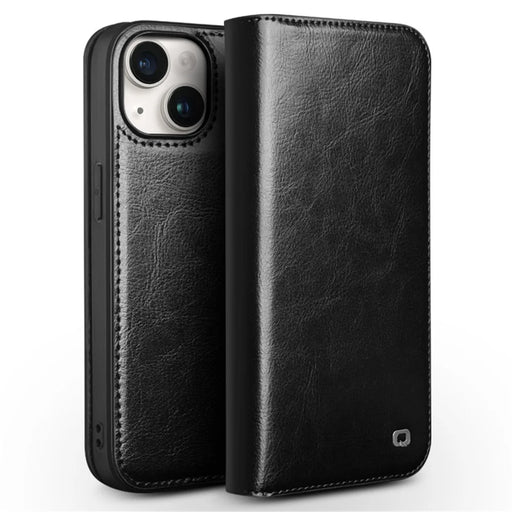 QIALINO For iPhone 15 Plus Anti-Drop Genuine Leather Phone Case Stand Full Wrapped Wallet Flip Cover - Black - 1