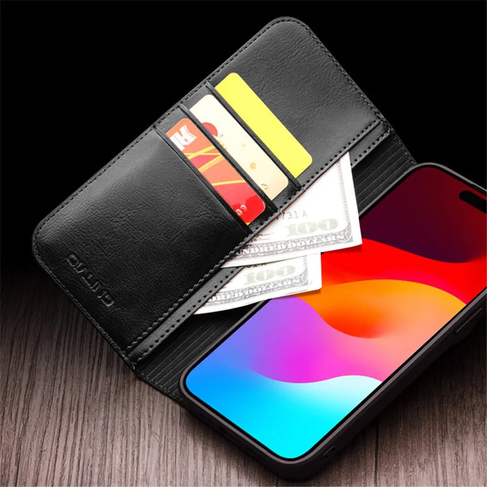 QIALINO For iPhone 15 Plus Anti-Drop Genuine Leather Phone Case Stand Full Wrapped Wallet Flip Cover - Black - 3