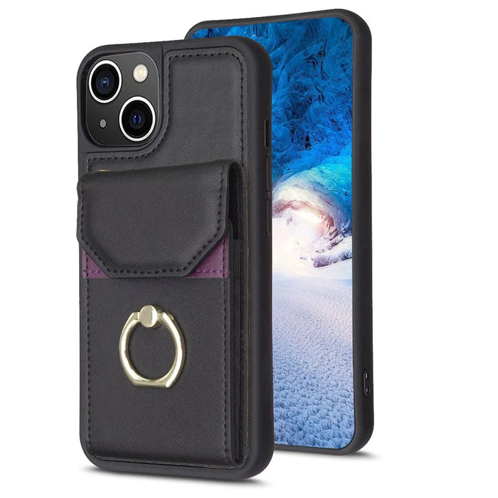 For iPhone 15 Pro Shockproof PU Leather + TPU Case Phone Back Cover Card Holder Ring Kickstand - Black - 7