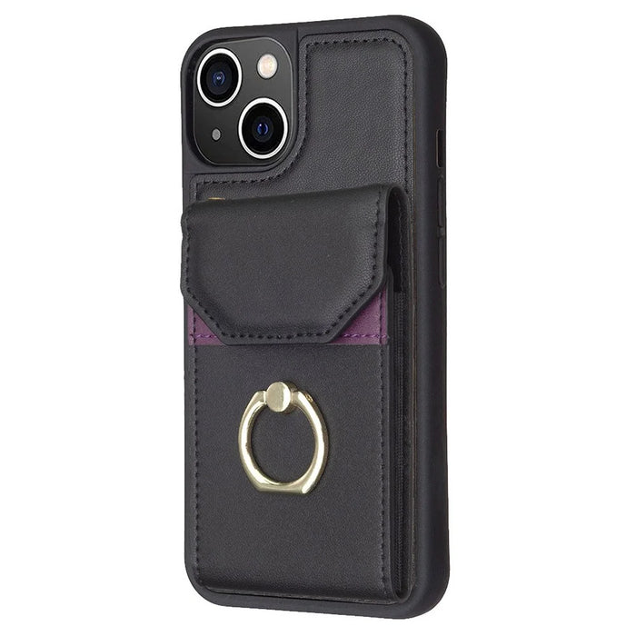 For iPhone 15 Pro Max Kickstand Card Bag Phone Case PU Leather + TPU Mobile Phone Back Protective Cover - Black - 1