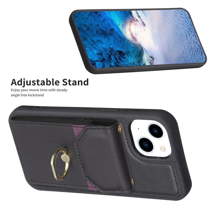 For iPhone 15 Pro Max Kickstand Card Bag Phone Case PU Leather + TPU Mobile Phone Back Protective Cover - Black - 2