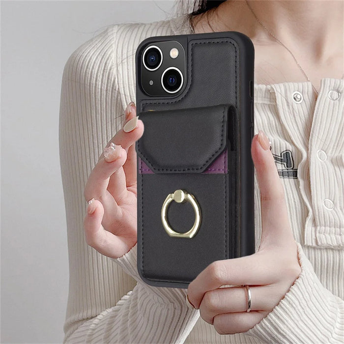 For iPhone 15 Pro Max Kickstand Card Bag Phone Case PU Leather + TPU Mobile Phone Back Protective Cover - Black - 6