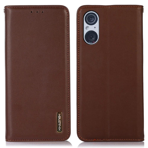 KHAZNEH For Sony Xperia 5 V Genuine Cow Leather Phone Case RFID Blocking Wallet Stand Cover - Brown - 1