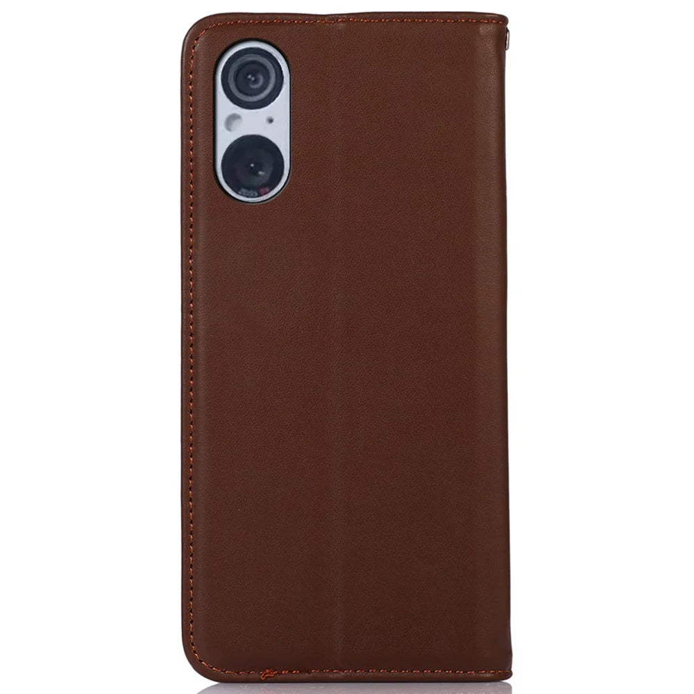 KHAZNEH For Sony Xperia 5 V Genuine Cow Leather Phone Case RFID Blocking Wallet Stand Cover - Brown - 7