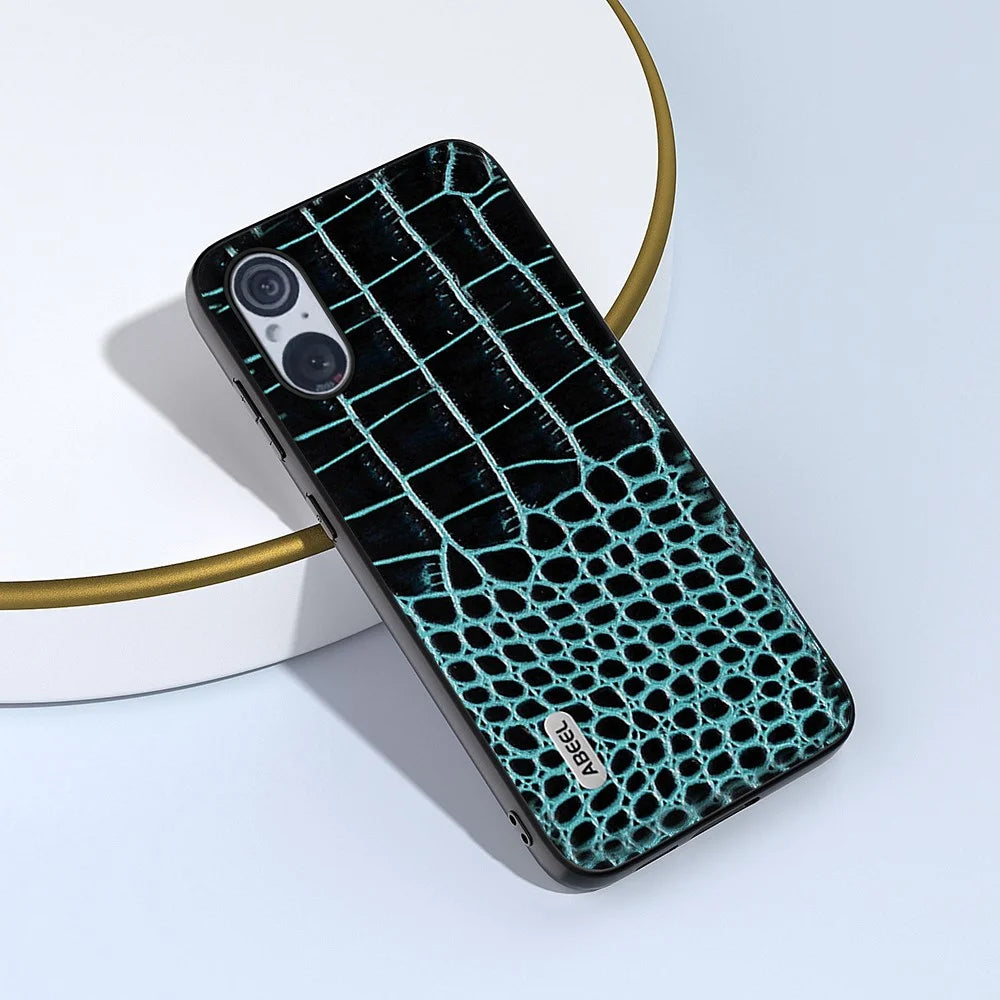 ABEEL For Sony Xperia 5 V Genuine Cow Leather+PC+TPU Case Crocodile Texture Anti-drop Phone Cover - Blue - 2