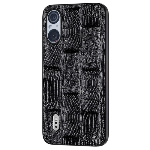 ABEEL For Sony Xperia 5 V Genuine Cow Leather+PC+TPU Case Mahjong Texture Phone Cover - Black - 1
