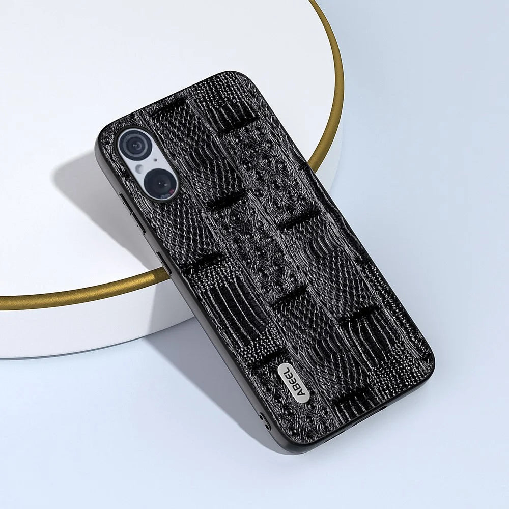 ABEEL For Sony Xperia 5 V Genuine Cow Leather+PC+TPU Case Mahjong Texture Phone Cover - Black - 2