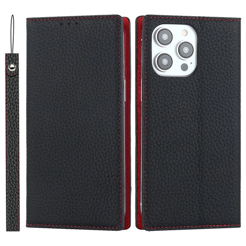 For iPhone 15 Pro Max Genuine Cow Leather Wallet Stand Case Litchi Texture Phone Cover with Strap - Black - 1