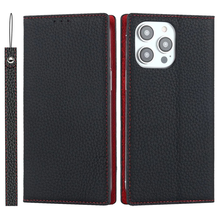 For iPhone 15 Pro Max Genuine Cow Leather Wallet Stand Case Litchi Texture Phone Cover with Strap - Black - 1