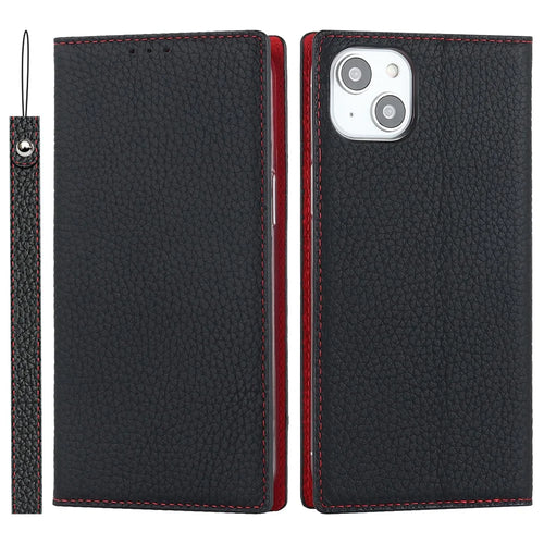For iPhone 15 Genuine Cow Leather Case Litchi Texture Anti-fall Wallet Stand Phone Cover with Strap - Black - 1
