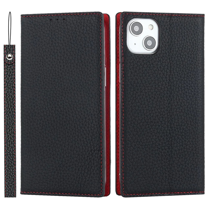 For iPhone 15 Genuine Cow Leather Case Litchi Texture Anti-fall Wallet Stand Phone Cover with Strap - Black - 1
