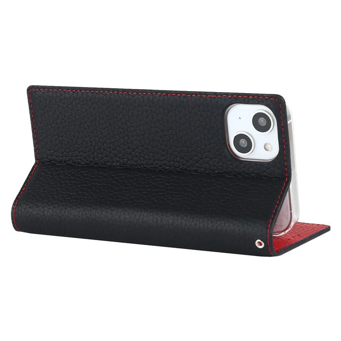 For iPhone 15 Genuine Cow Leather Case Litchi Texture Anti-fall Wallet Stand Phone Cover with Strap - Black - 4