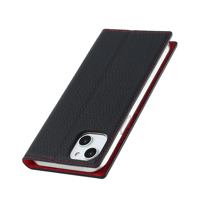 For iPhone 15 Genuine Cow Leather Case Litchi Texture Anti-fall Wallet Stand Phone Cover with Strap - Black - 7