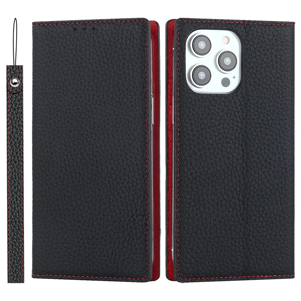 For iPhone 15 Pro Litchi Texture Genuine Cow Leather Cover Anti-drop Wallet Stand Phone Case with Strap - Black - 1