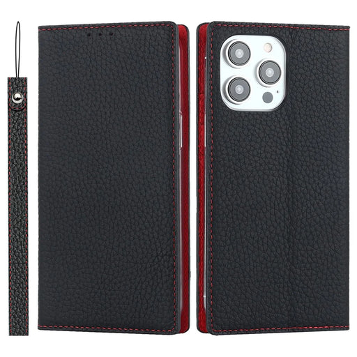 For iPhone 15 Pro Litchi Texture Genuine Cow Leather Cover Anti-drop Wallet Stand Phone Case with Strap - Black - 1