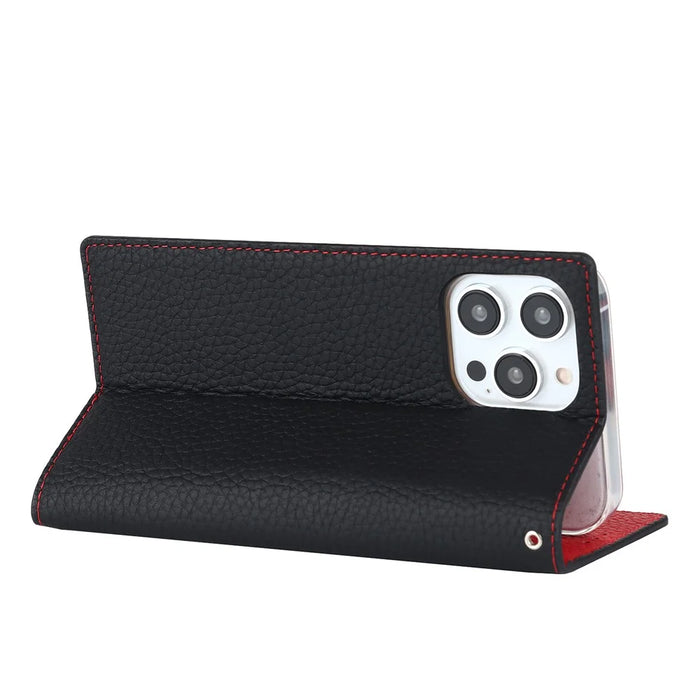 For iPhone 15 Pro Litchi Texture Genuine Cow Leather Cover Anti-drop Wallet Stand Phone Case with Strap - Black - 4