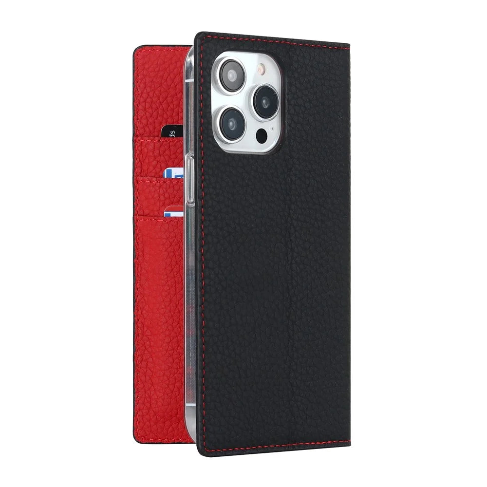 For iPhone 15 Pro Litchi Texture Genuine Cow Leather Cover Anti-drop Wallet Stand Phone Case with Strap - Black - 5